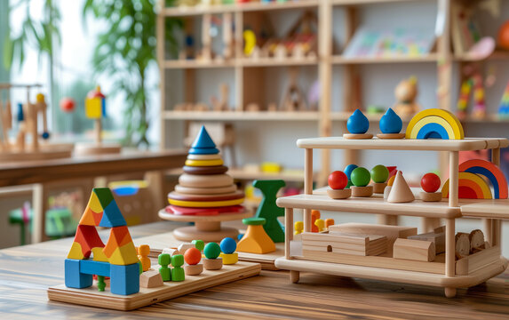 Montessori early education. Kindergarten, preschool classroom interior with wooden furniture, educational material, wooden educational toys.