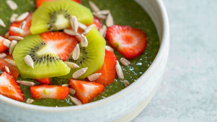 Chia pudding, plant based breakfast, healthy vegetarian food. Vegan superfood with chia, sliced fruits. Mixed vegetarian meal for restaurant, menu, advert or package, close up, selective focus