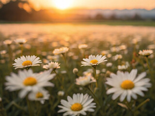 The landscape of white daisy blooms in a field, with the focus on the setting sun. The grassy meadow is blurred, creating a warm golden hour effect during sunset and sunrise time