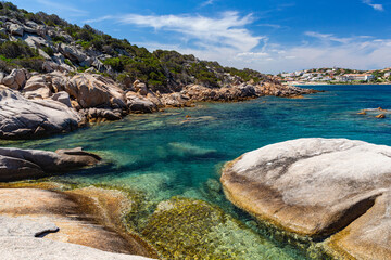 Mediterranean Shoreline View with Clear, Turquoise Ocean, Gentle Waves, Naturally Sculpted Coastal Granite Landscape: