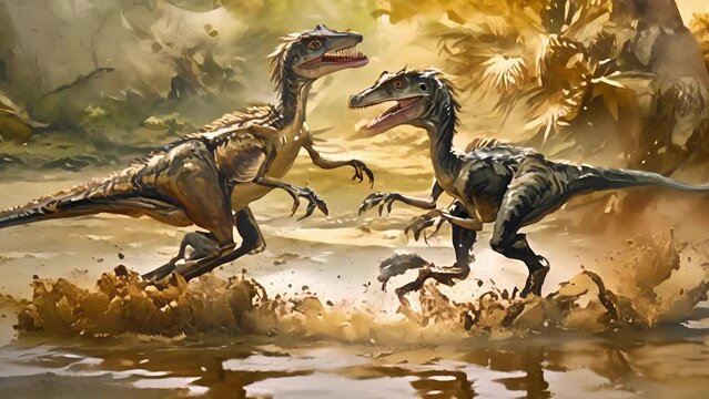 A pair of young velociraptors wrestling in a patch of mud their sleek feathers now matted and caked.