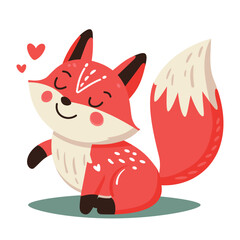 Playful and cute little fox with hearts, image in flat style, vector