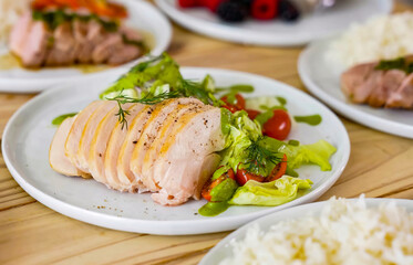Healthy balanced diet delicious plates with vegetables, chicken. Homemade meal with chicken for menu, advert or package, close up selective focus