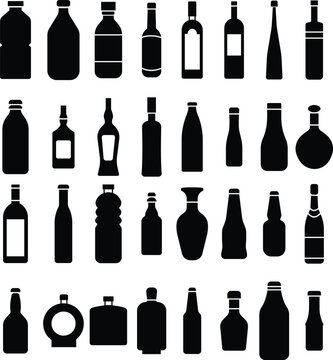 Set of Water bottles icons in Fill Styles. Container water bottle signs. Alcohol Beverage Bar Drink Concept. Glass beer bottles shapes symbols. Vectors images Isolated on transparent background.