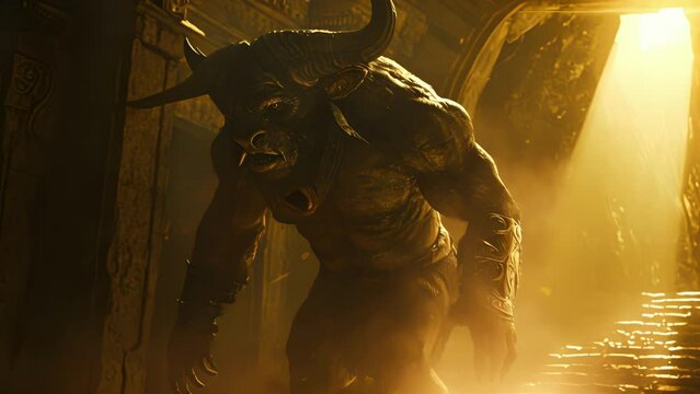 A single beam of light illuminates the minotaurs muscular body as it stands ready to defend its maze from any intruders. Fantasy animation