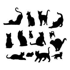 Set of silhouettes of cats. Cats in different poses. Vector isolated background. EPS 10.