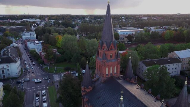 Aerial images froma a Medieval Church in Estonia in the midle of a village