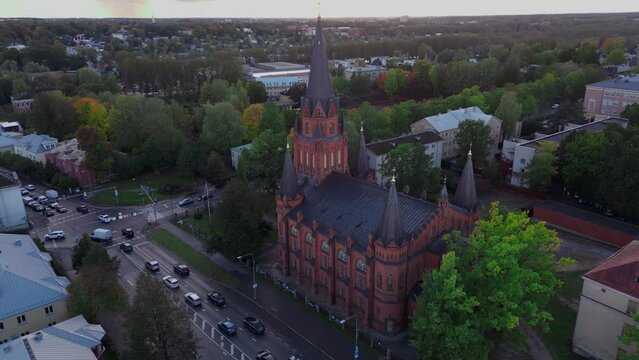 Aerial images froma a Medieval Church in Estonia in the midle of a village