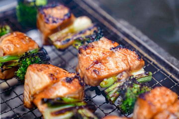 Chicken grilled shish kebab. Homemade healthy meal, chicken with vegetables serving food for restaurant, menu, advert or package, close up, selective focus