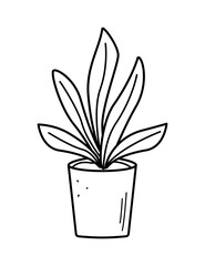 Green flower in a pot, vector illustration of the contour of a doodle plant, landscaping of the room