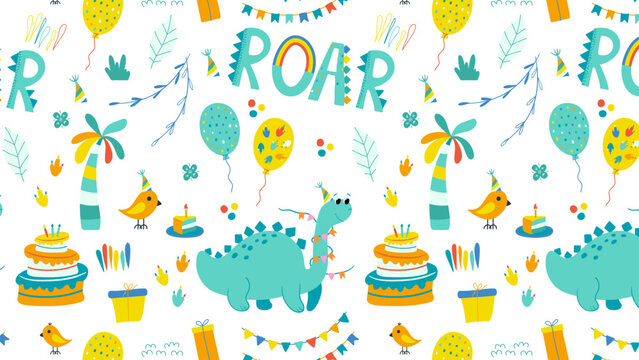 Seamless pattern with cute dinosaurs, balloons, palm trees and cakes. Vector illustration.