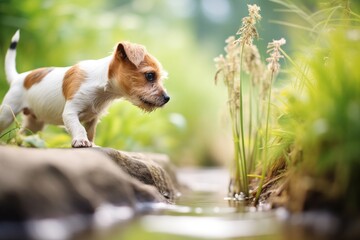 small terrier dog investigating plants at brook edge - obrazy, fototapety, plakaty