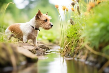 small terrier dog investigating plants at brook edge - obrazy, fototapety, plakaty