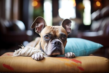 dog with feathers on snout, shredded pillow beside it - obrazy, fototapety, plakaty