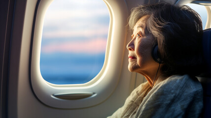 飛行機に乗るアジア人高齢女性