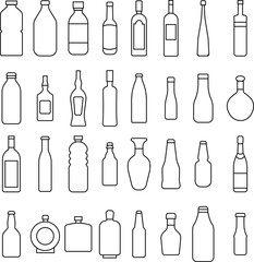 Set of Water bottles icons in line Style. Container water bottle signs editable stock. Alcohol Beverage Bar Drink Concept. Glass beer shapes symbols. Vectors images isolated on transparent background.