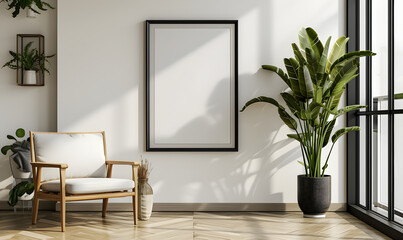 a black photo frame on a wall of a room in a house and the frame is placed perfectly in the center of the wall, - obrazy, fototapety, plakaty