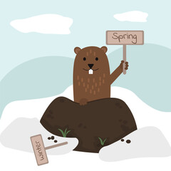 Groundhog Day illustration. Card with marmot peeks out of a hole and holding a sign with the inscription spring and another such winter one lying around