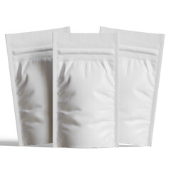 Blank white aluminium foil plastic pouch bag sachet packaging mockup isolated on white background, 3D rendering