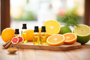 Naklejka premium citrus essential oils next to slices of fruit