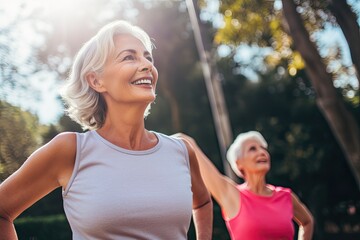 Fototapeta premium A group of mature women doing a workout in the park on a sunny day.