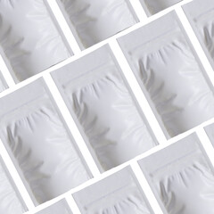 Blank white aluminium foil plastic pouch bag sachet packaging mockup isolated on white background, 3D rendering