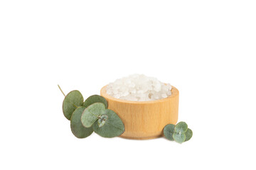 Cosmetic sea salt with eucalyptus aroma and extract isolated on a white background. Spa concept. Bath salt. Close-up.