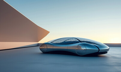 Futuristic smooth silver electric self-driving supercar, sports car, on rooftop of luxury home with...