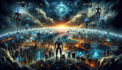 A dramatic and intense scene of artificial intelligence taking over Earth, with advanced robotic entities and AI systems imposingly standing over major world cities - obrazy, fototapety, plakaty