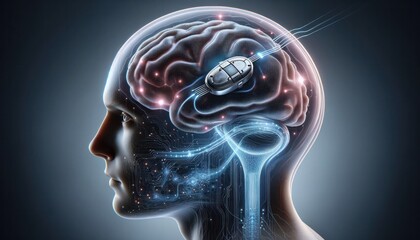 A conceptual visualization of a neural interface implant within the human brain, highlighting a sleek and sophisticated device that merges technology with biology