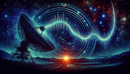 Captivating moment of receiving a radio signal from an alien civilization. The complex and intricate pattern of waves, symbolizing the signal, emanates from a distant point in space towards Earth