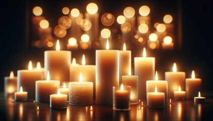 A tranquil arrangement of multiple candles with varying heights lit and casting a warm, inviting glow, creating a serene ambiance