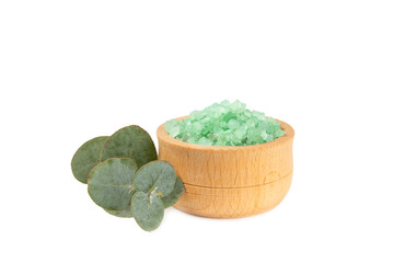 Cosmetic sea salt with eucalyptus aroma and extract isolated on a white background. Spa concept....