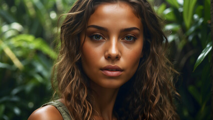 a portrait of a beautiful girl in the rainforest, l with natural make-up and wet hair stands in the jungle among exotic plants.