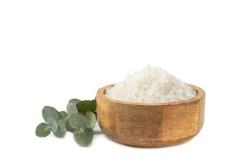 Cosmetic sea salt with eucalyptus aroma and extract isolated on a white background. Spa concept. Bath salt. Close-up.