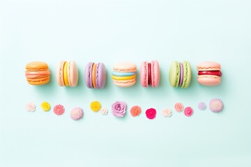 colorful macarons neatly aligned on pastel surface