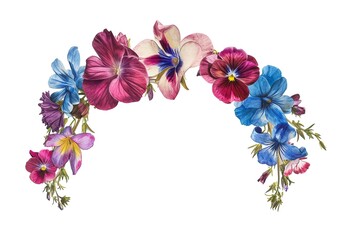 Colorful blue and red flower crown isolated. Spring floral watercolor wreath