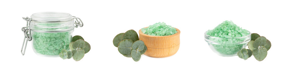 Cosmetic sea salt with eucalyptus aroma and extract isolated on a white background. Spa concept....