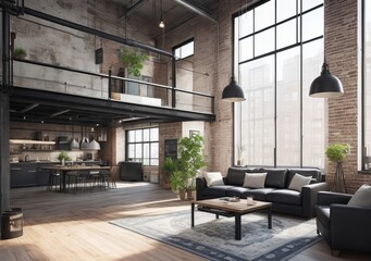 Obraz premium Industrial Style Living Room With Armchair, Corner Sofa, Brick Wall And Pendant Lights 