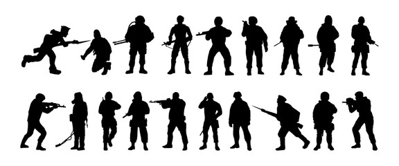 Silhouettes of soldiers. Special forces, armed military. A soldier stands guard, Rangers at the border. Vector isolated background.