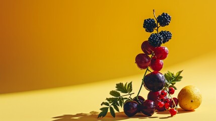 Beautiful balanced composition of berries on a yellow background.