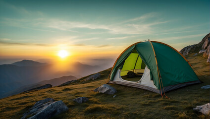Green tent on top of the mountain, with amazing sunrise on background. Time spending on fresh air. Travelling concept.