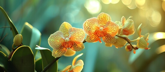 Gorgeous orchid with yellow-brown petals flourishing in the garden.