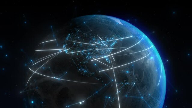 A spectacular view of the Earth spinning in space, surrounded by a web of white lines representing data transfer, connections, and global network. The satellites orbiting the globe.