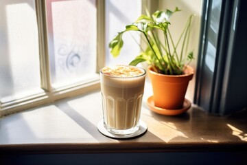 sunlit latte on a windowsill with plant shadows