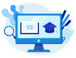Online classes concept on monitor screen for e-learning course, webinar and online education on desktop, vector flat illustration