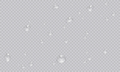 Vector water droplets. PNG droplets, condensation on glass, on various surfaces. Realistic droplets on a transparent isolated background. PNG.	