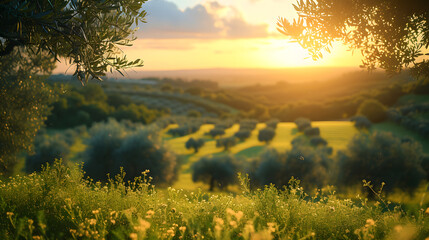 A photo of olive groves, with lush greenery as the background, during a peaceful afternoon in the countryside of Puglia