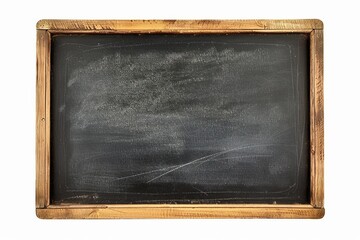 Rubbed out dirty chalkboard. Realistic black chalkboard with wooden frame isolated on white background. Empty school chalkboard for classroom or restaurant menu