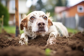 muddy dog lying in a freshly dug garden bed